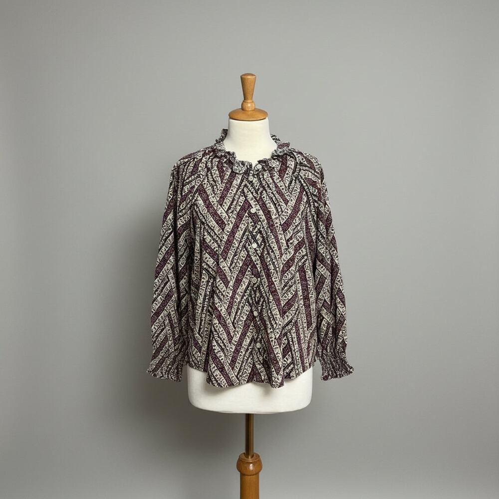 Veronica Beard cream and burgundy print blouse, size L